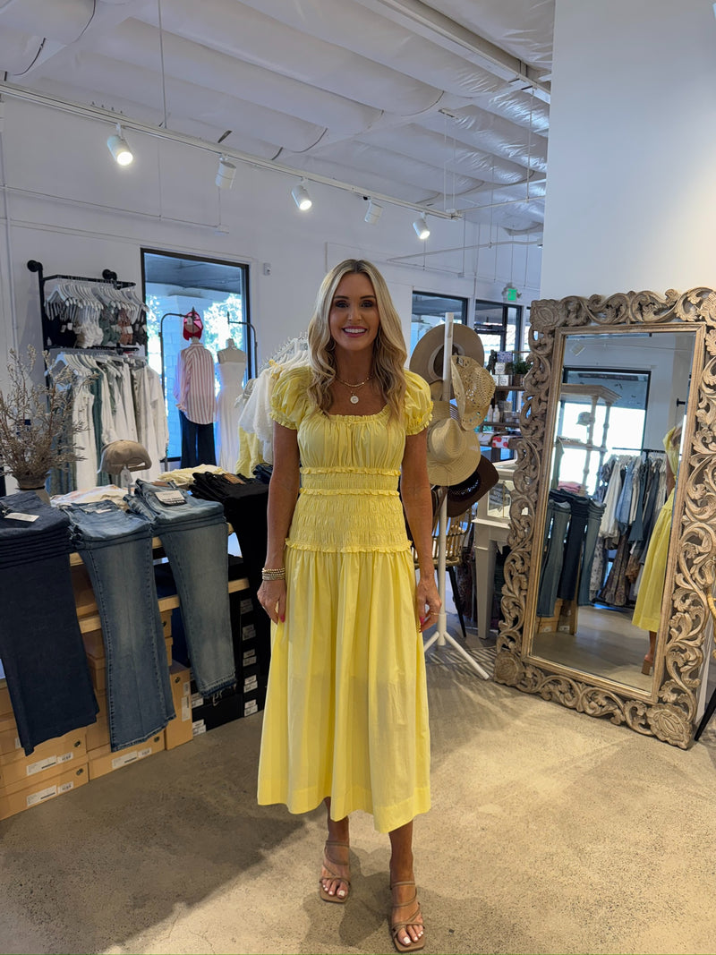 SMOCKED MIDI DRESS - LEMON