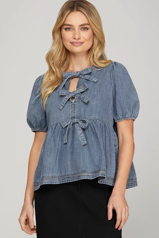 PUFF SLEEVE FRONT TIE TOP - DENIM BLUE