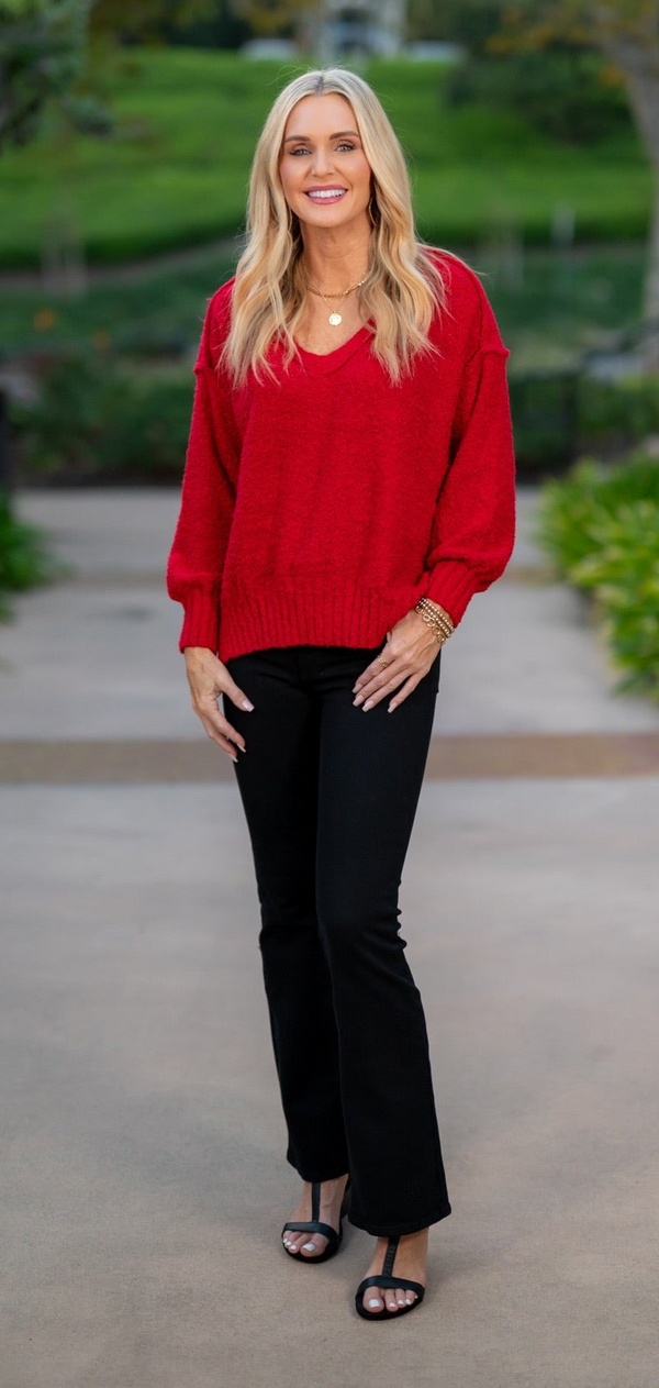 REVERSE SEAM BOUCLE KNIT SWEATER - RED