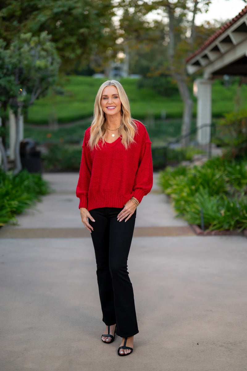 REVERSE SEAM BOUCLE KNIT SWEATER - RED