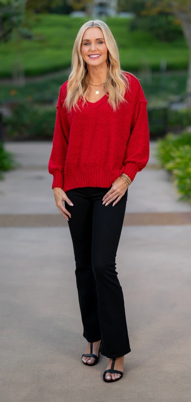 REVERSE SEAM BOUCLE KNIT SWEATER - RED