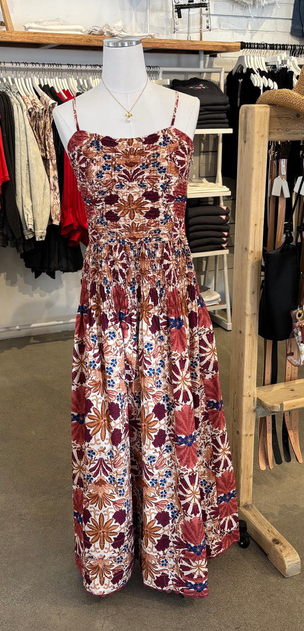SMOCKED DROPPED WAIST MAXI DRESS - CREAM/RUST