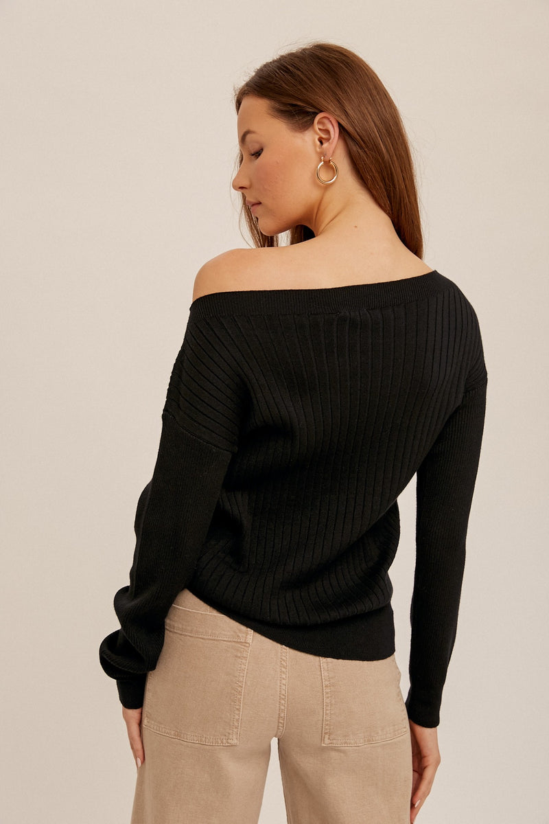 RUCHED DRAWSTRING ASYMMETRICAL SWEATER - BLACK