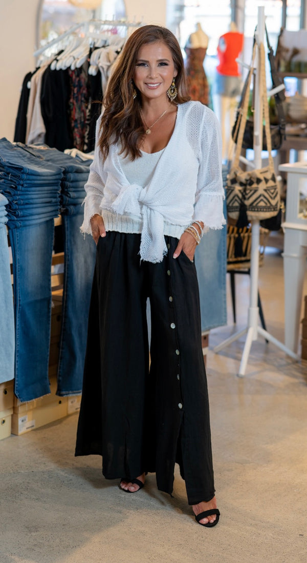 WIDE LEG LINEN PANTS - BLACK