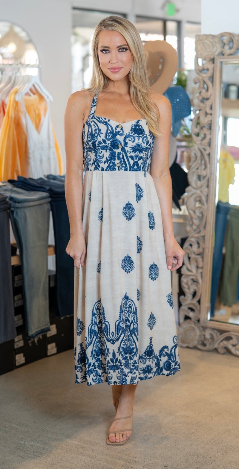 HALTER STYLE MIDI DRESS - OATMEAL/NAVY