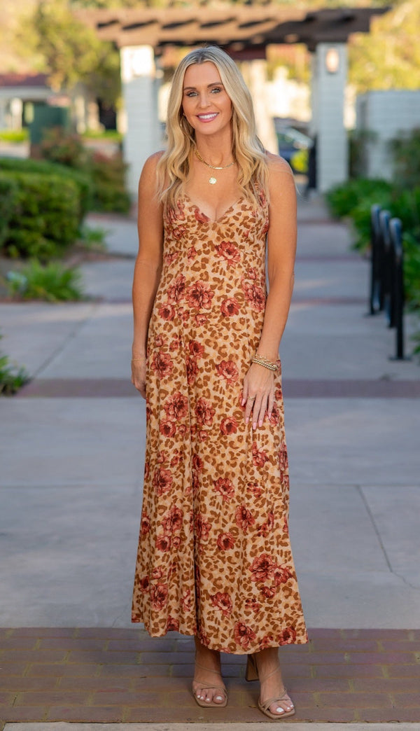 FLORAL PRINT OPEN BACK MAXI DRESS - RUST MULTI