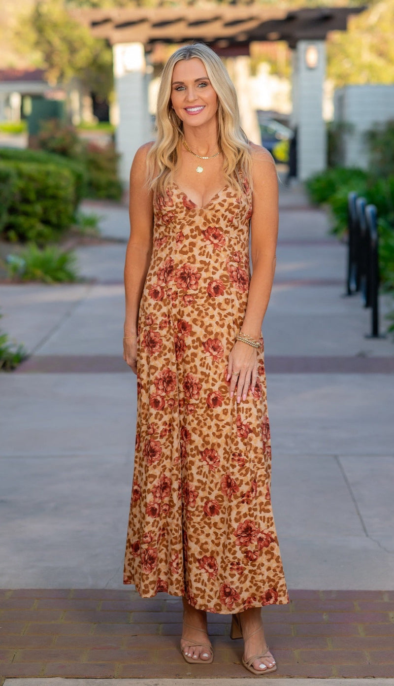 FLORAL PRINT OPEN BACK MAXI DRESS - RUST MULTI