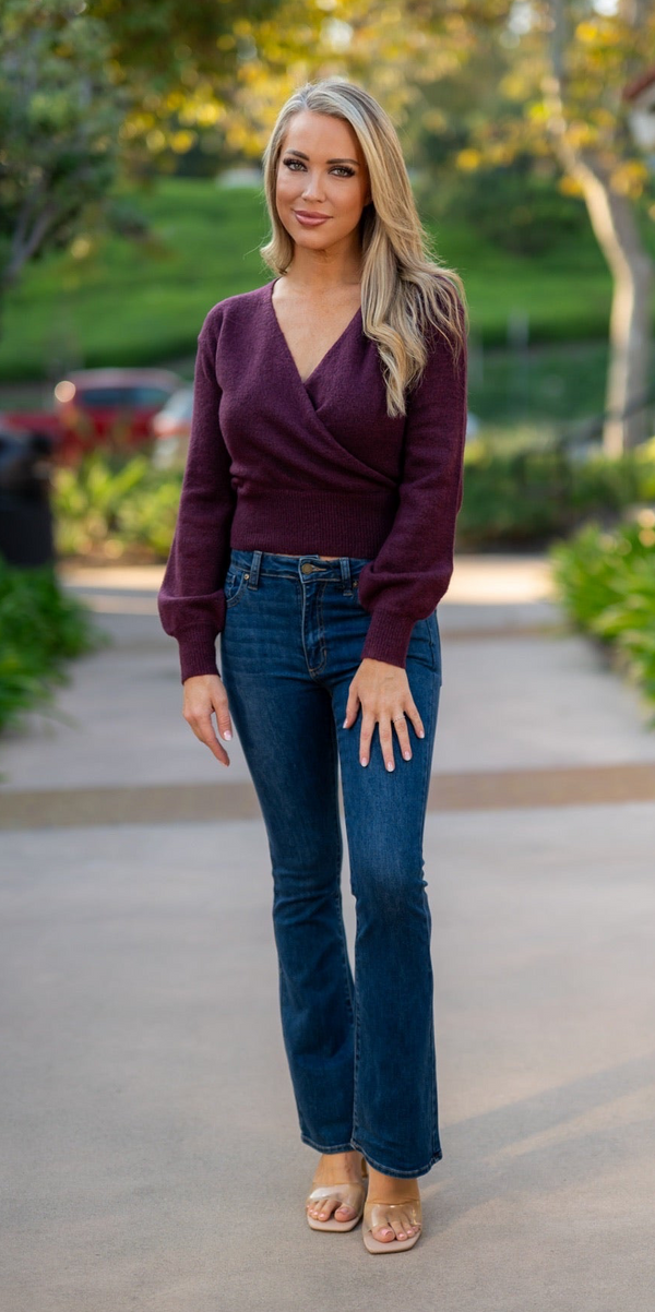 SURPLICE V-NECK SWEATER - DARK CHERRY