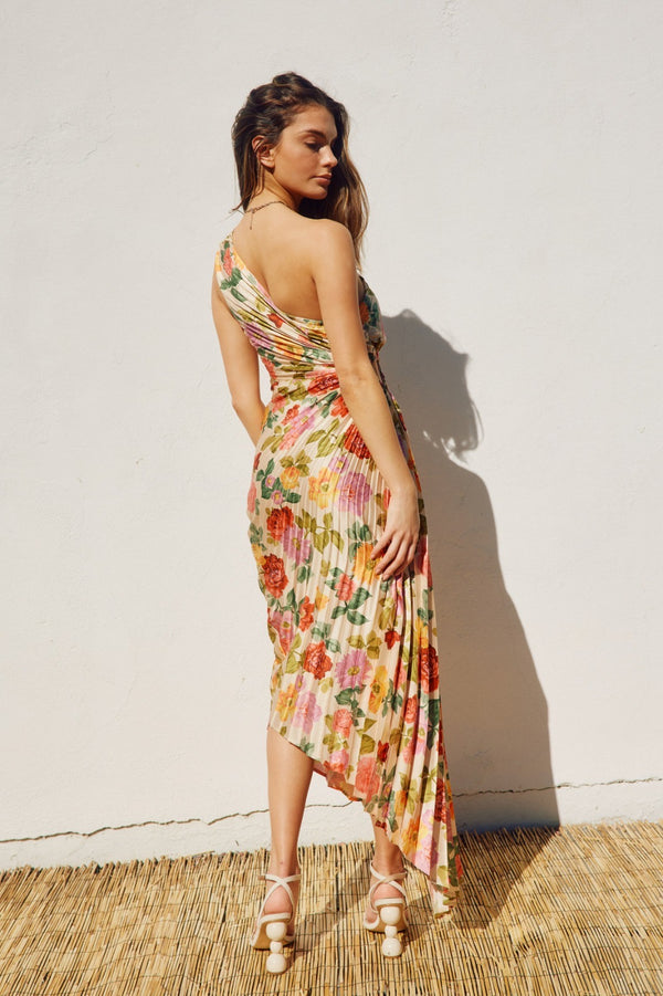 ASYMMETRICAL PLEATED MAXI DRESS - ROMANTIC GARDEN