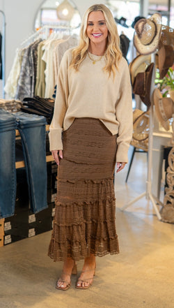LACE TIERED MERMAID MIDI SKIRT - MOCHA BROWN