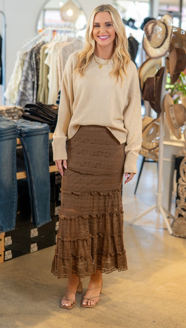 LACE TIERED MERMAID MIDI SKIRT - MOCHA BROWN