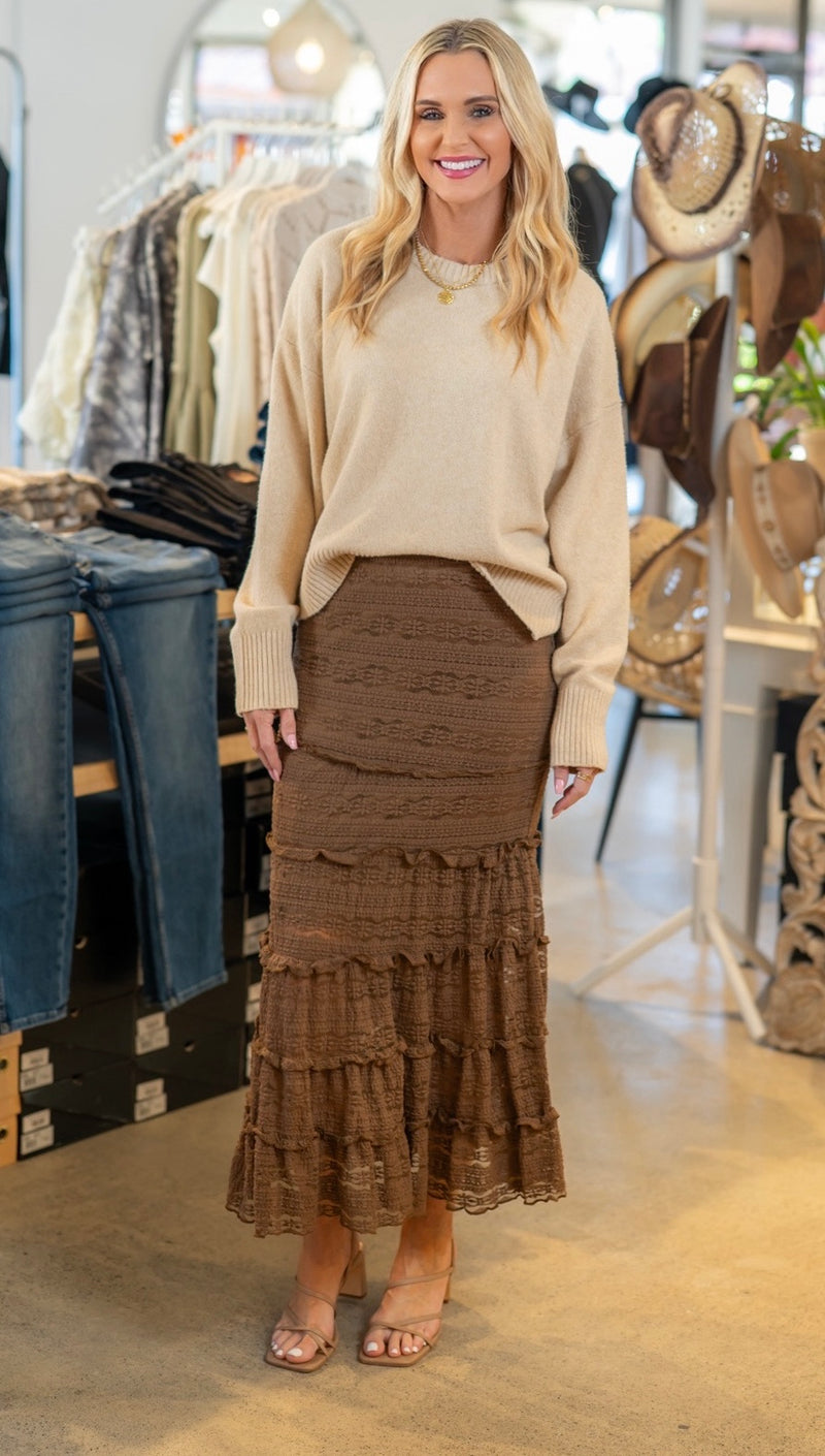 LACE TIERED MERMAID MIDI SKIRT - MOCHA BROWN