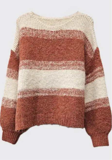 COLOR BLOCK FUZZY KNIT SWEATER - OATMEAL/RUST