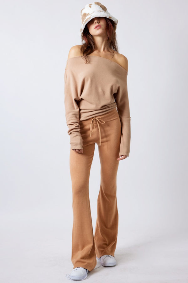 COWL NECK WAFFLE KNIT TOP - TAN