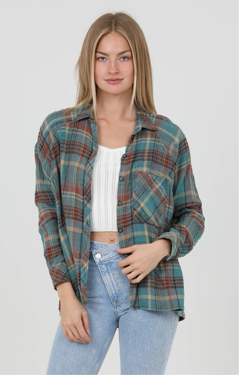 PLAID BUTTON FRONT SHIRT - TURQUOISE