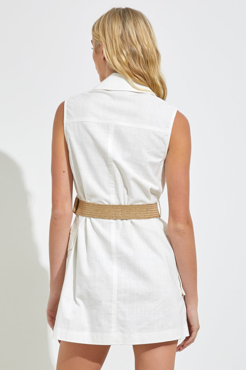 LINEN BLEND BELTED DRESS - WHITE