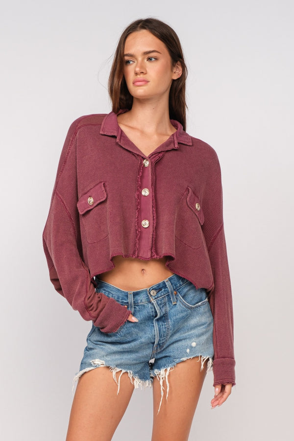 OVERSIZED WAFFLE KNIT TOP - CRANBERRY