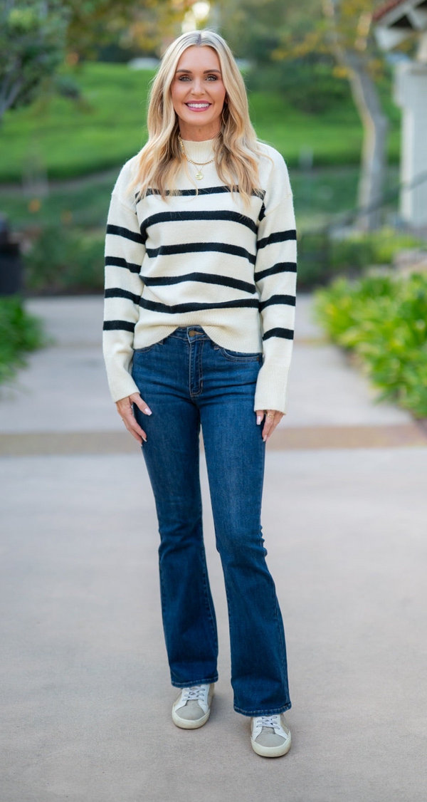 STRIPED HIGH NECK SWEATER - CREAM/BLACK