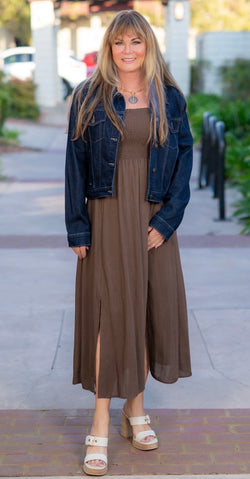SMOCKED TUBE MIDI DRESS - BROWN