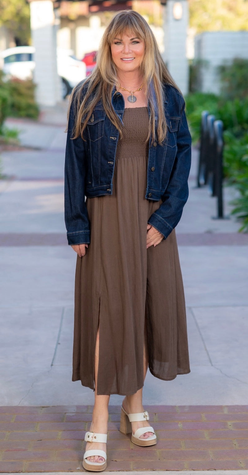 SMOCKED TUBE MIDI DRESS - BROWN