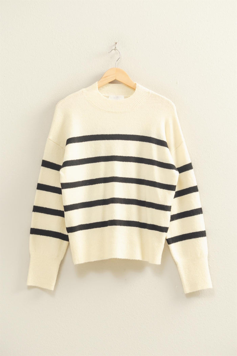 STRIPED HIGH NECK SWEATER - CREAM/BLACK