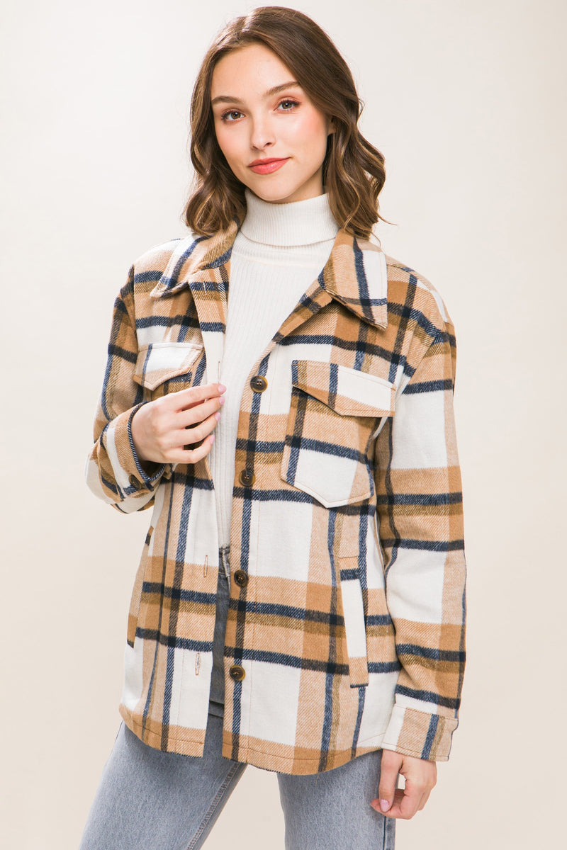 PLAID BUTTON UP SHACKET - CAMEL