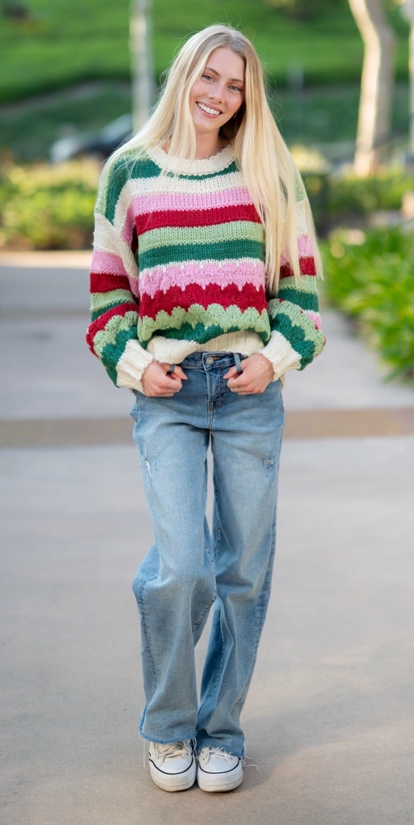 STRIPED CREWNECK SWEATER - GREEN/RED/PINK