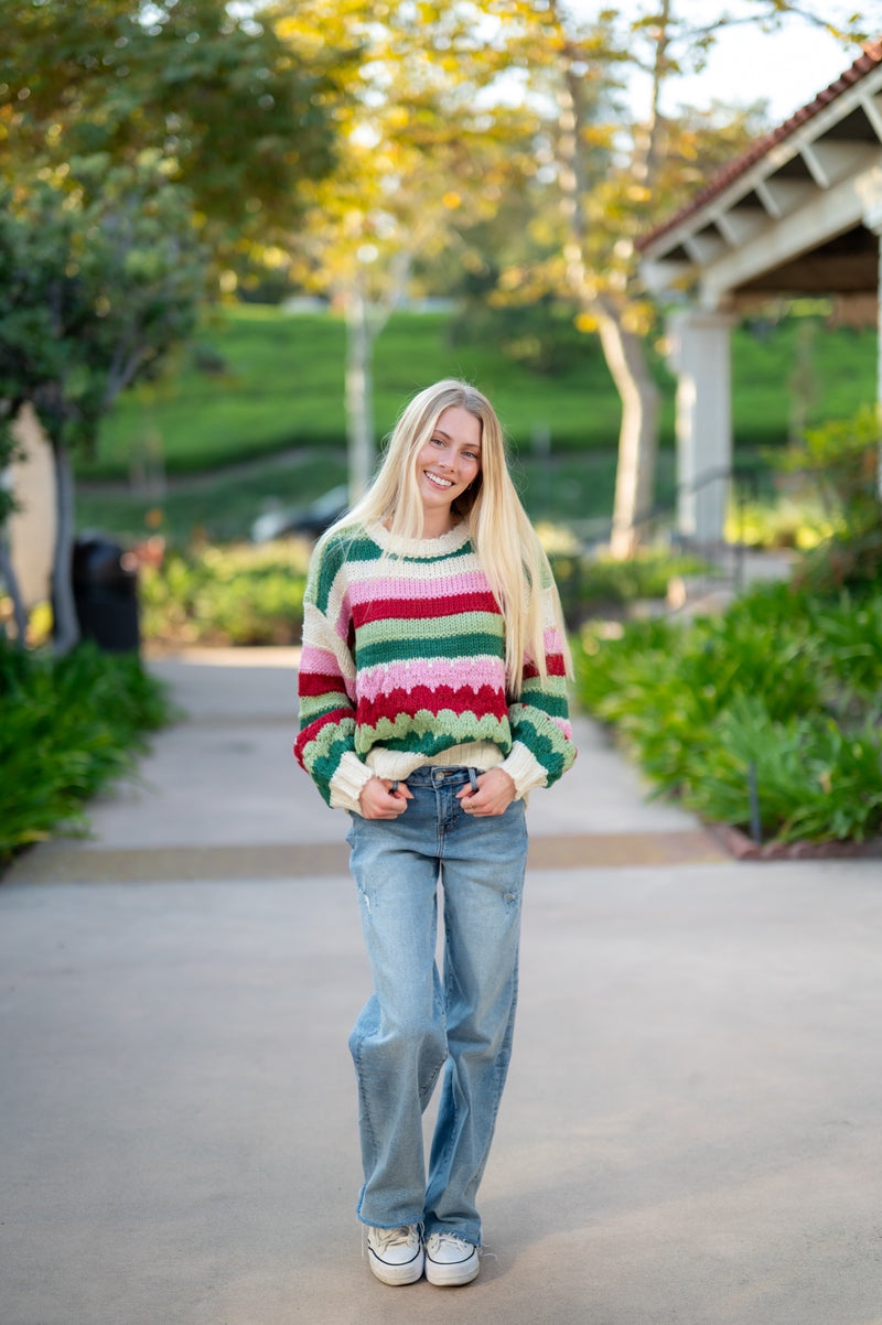 STRIPED CREWNECK SWEATER - GREEN/RED/PINK