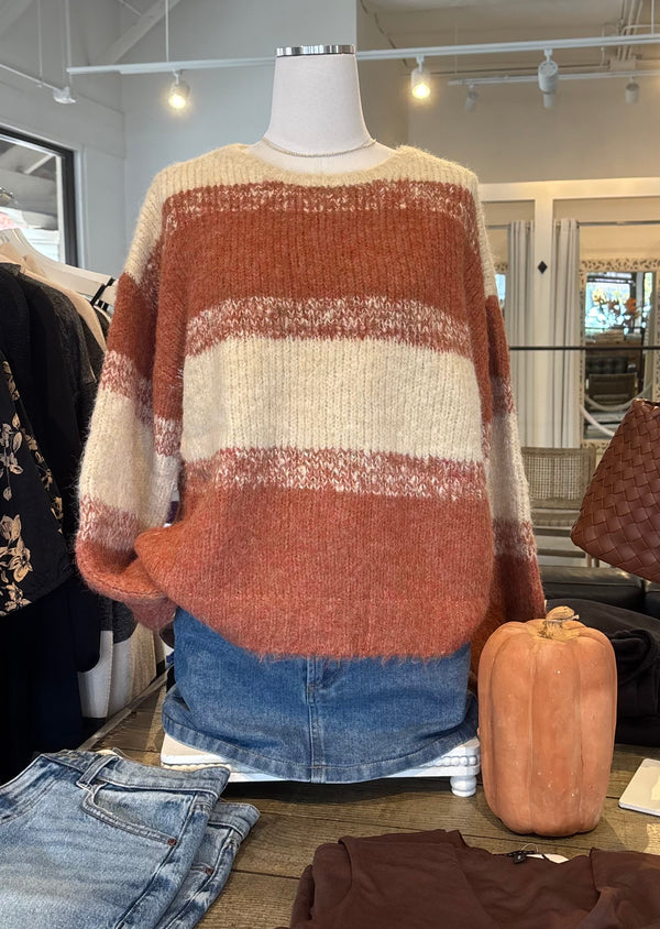 COLOR BLOCK FUZZY KNIT SWEATER - OATMEAL/RUST