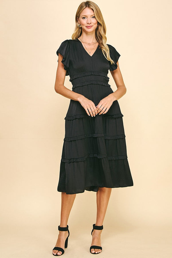 V-NECK TIERED MAXI DRESS - BLACK