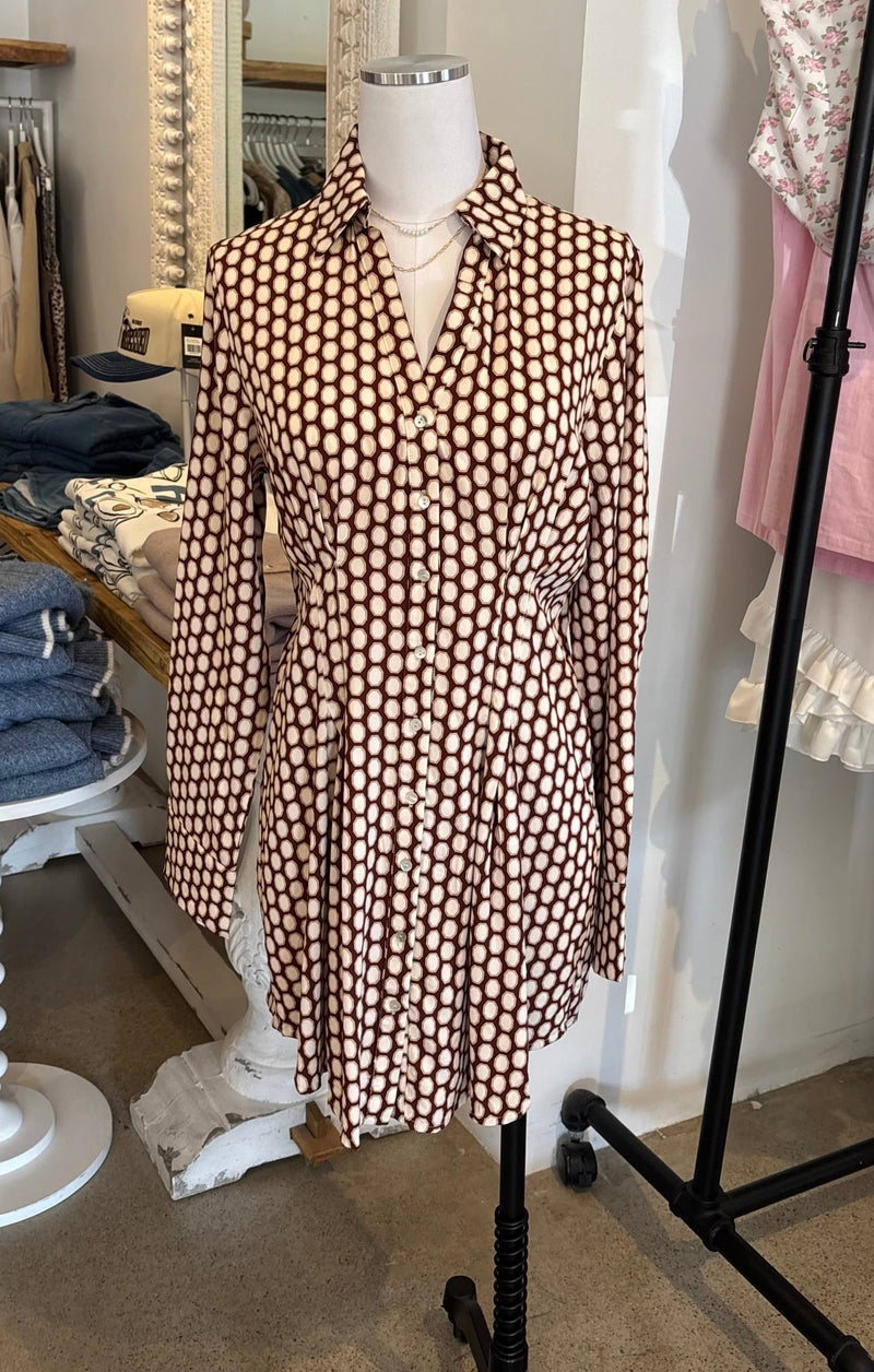 LONG SLEEVE SHIRT DRESS - BROWN/CREAM