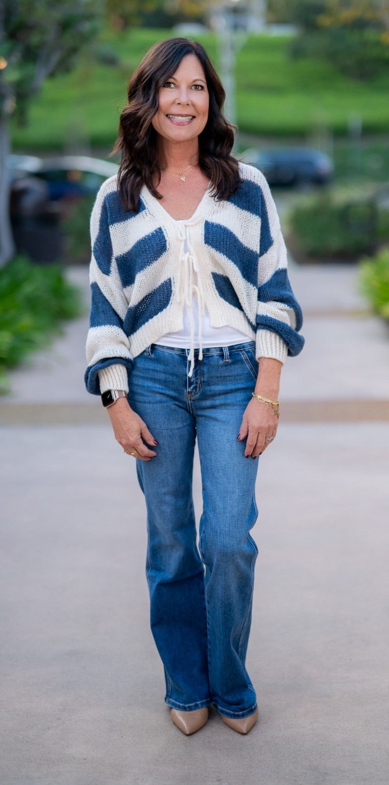 STRIPED FRONT TIE CARDIGAN - CREAM/NAVY