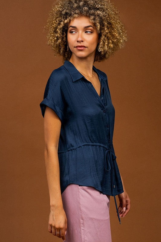 BUTTON FRONT BLOUSE WITH DRAWSTRING WAIST - PEACOCK