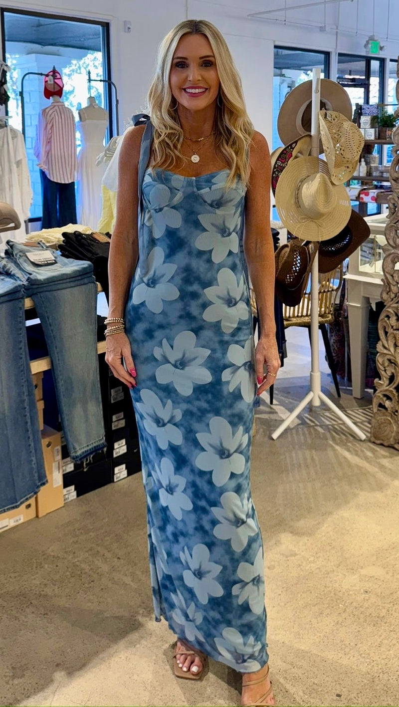 TIE SHOULDER MESH MAXI DRESS - BLUE