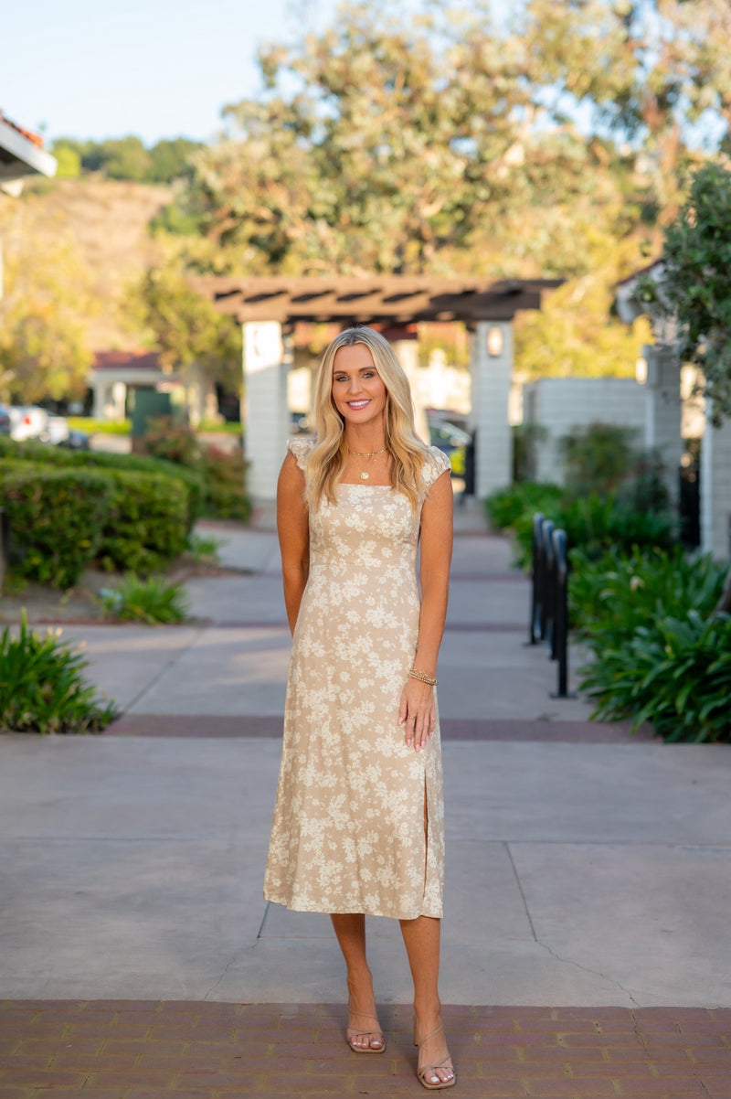 FLORAL MIDI DRESS - TAUPE/WHITE