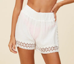 GAUZE AND CROCHET LACE SHORTS -WHITE