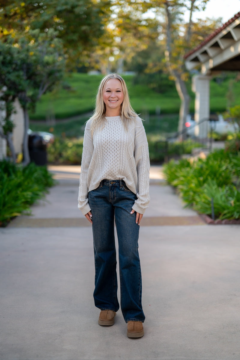 CABLE BRAID KNIT CROPPED SWEATER - BEIGE