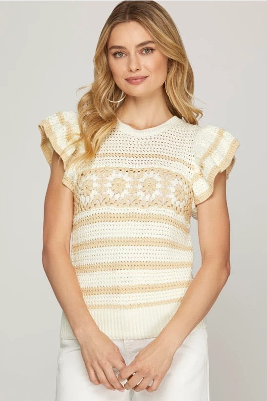 RUFFLE SLEEVE CROCHET TOP - LIGHT TAUPE/IVORY