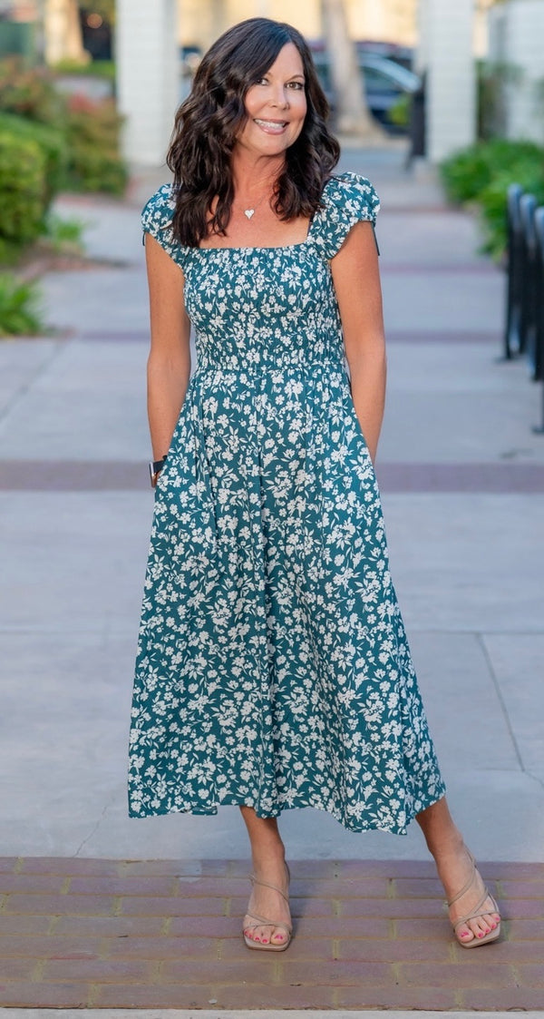 SMOCKED BODICE MIDI DRESS - TEAL