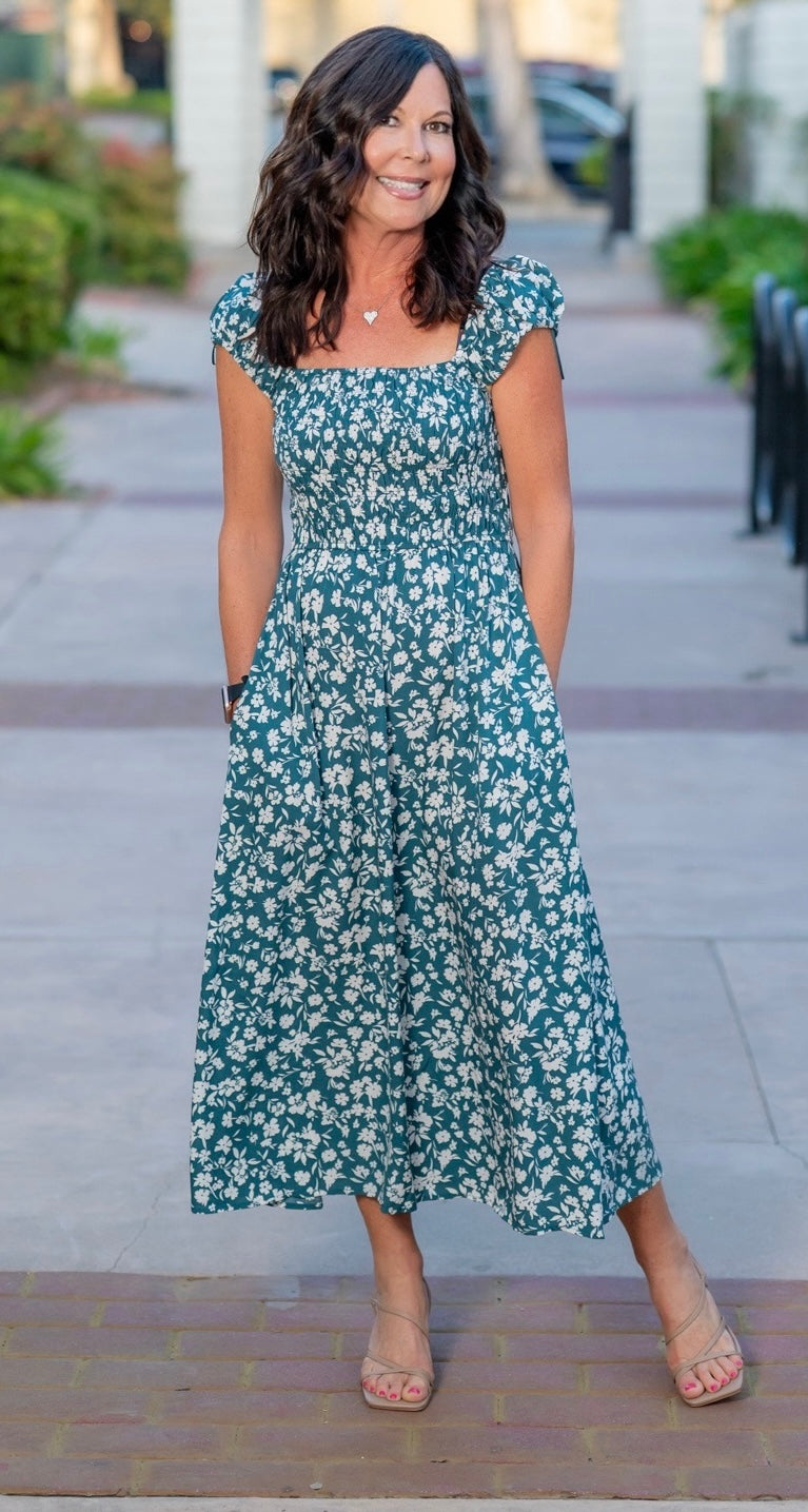SMOCKED BODICE MIDI DRESS - TEAL