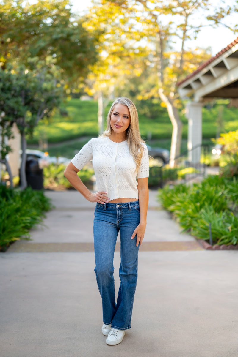 POINTELLE KNIT SLEEVE CARDIGAN - IVORY