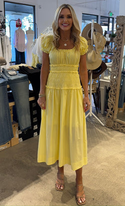 SMOCKED MIDI DRESS - LEMON