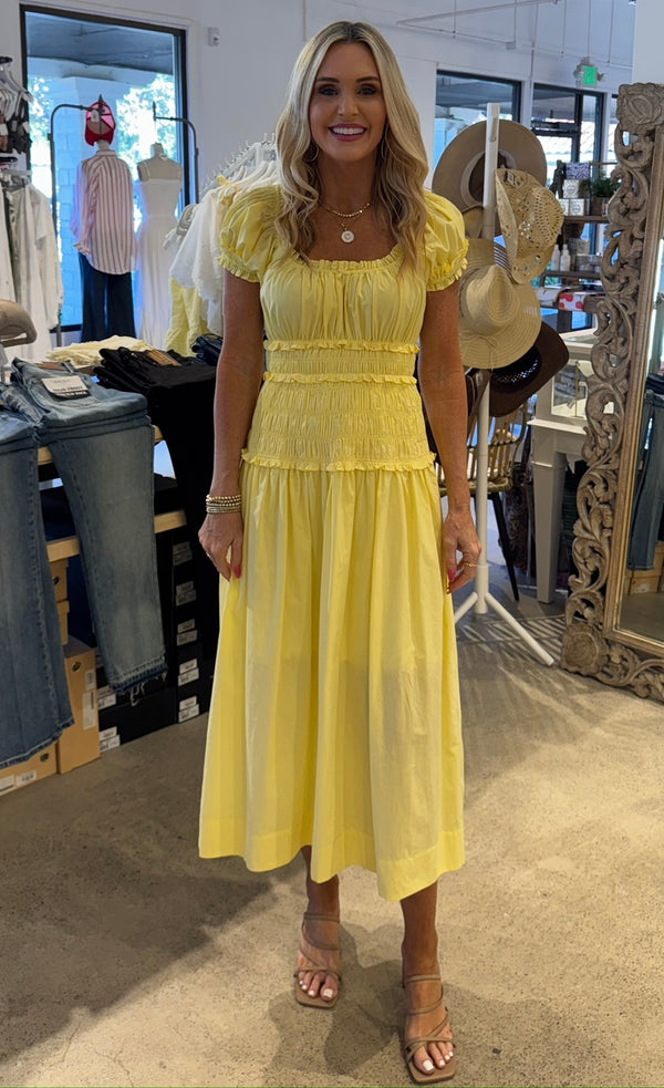 SMOCKED MIDI DRESS - LEMON