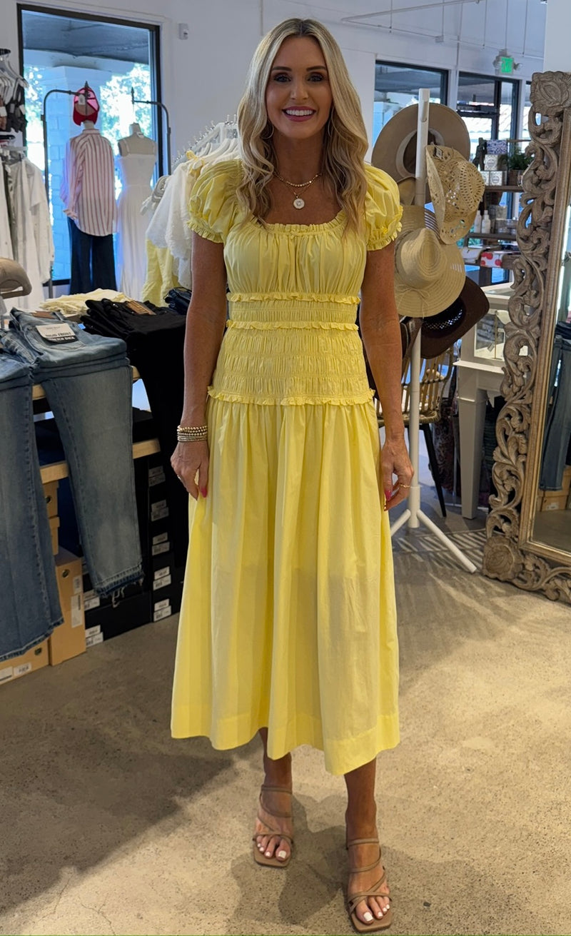 SMOCKED MIDI DRESS - LEMON