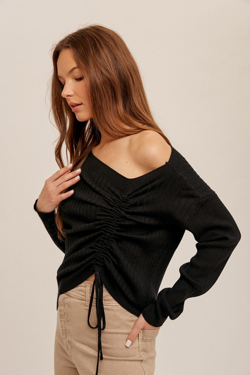 RUCHED DRAWSTRING ASYMMETRICAL SWEATER - BLACK