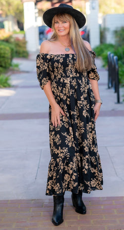 SMOCKED BODICE SQUARE NECK MIDI DRESS - BLACK/MOCHA