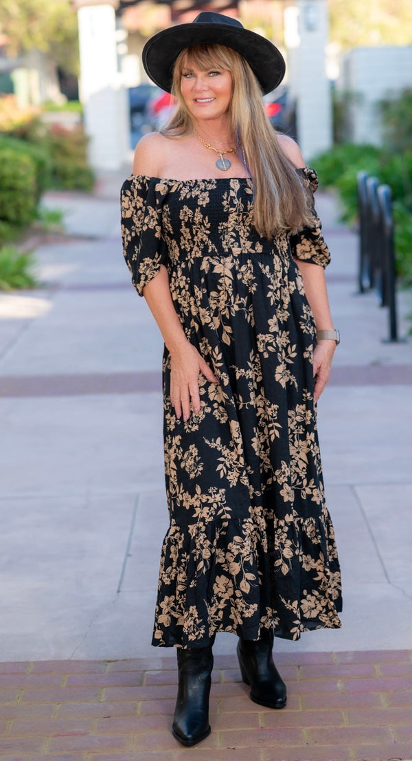 SMOCKED BODICE SQUARE NECK MIDI DRESS - BLACK/MOCHA