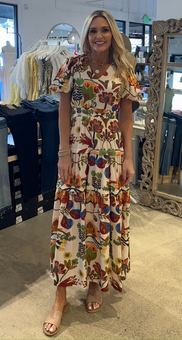 FLORAL PRINT TIERED MAXI DRESS - IVORY/RED