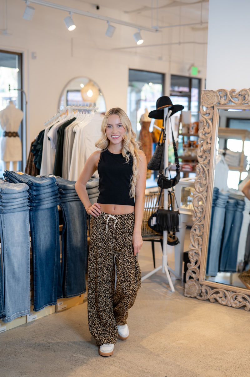 LEOPARD PRINT TIE WAIST PANT -  BLACK/TAN