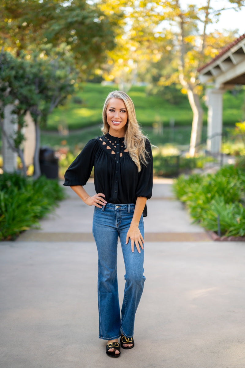ORLENA CUTOUT BLOUSE - BLACK